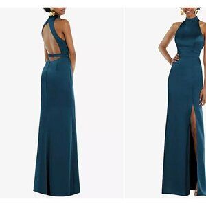 New Lovely Size 4 High Neck Backless Maxi Dress w/Slim Belt Atlantic Blue *Stain